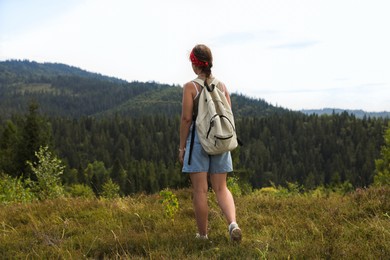 Tourist with backpack enjoying picturesque landscape, back view