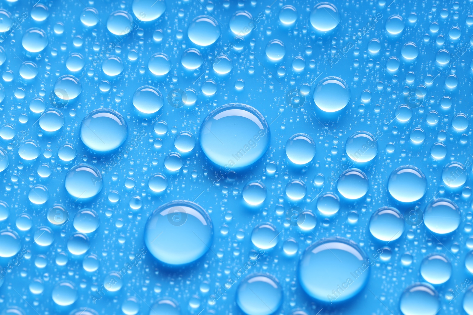 Photo of Water drops on blue background, above view