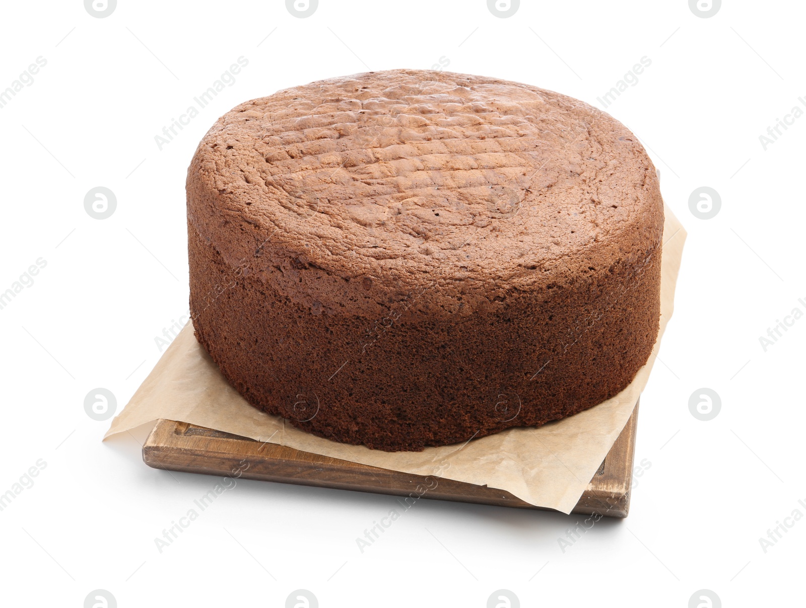 Photo of Tasty chocolate sponge cake isolated on white