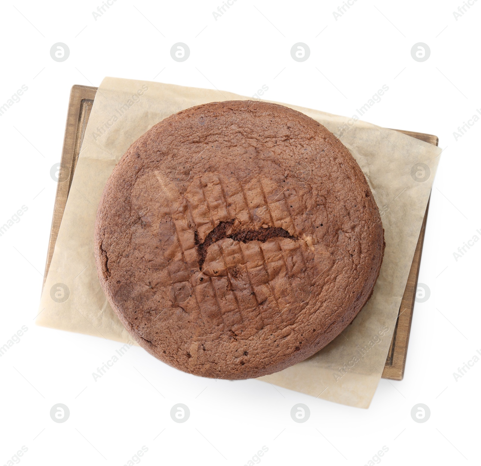 Photo of Tasty chocolate sponge cake isolated on white, top view