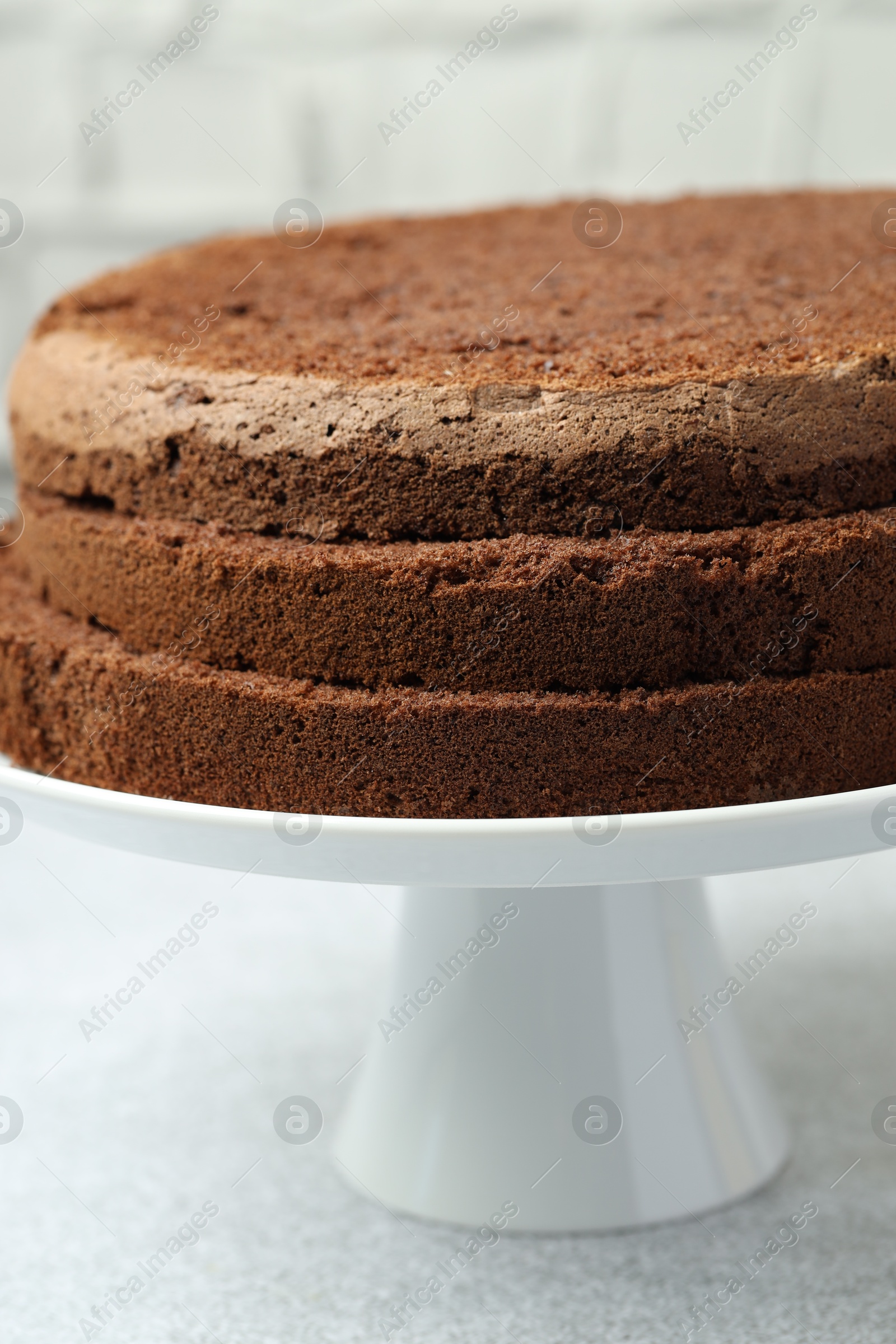 Photo of Cut chocolate sponge cake on light table, closeup