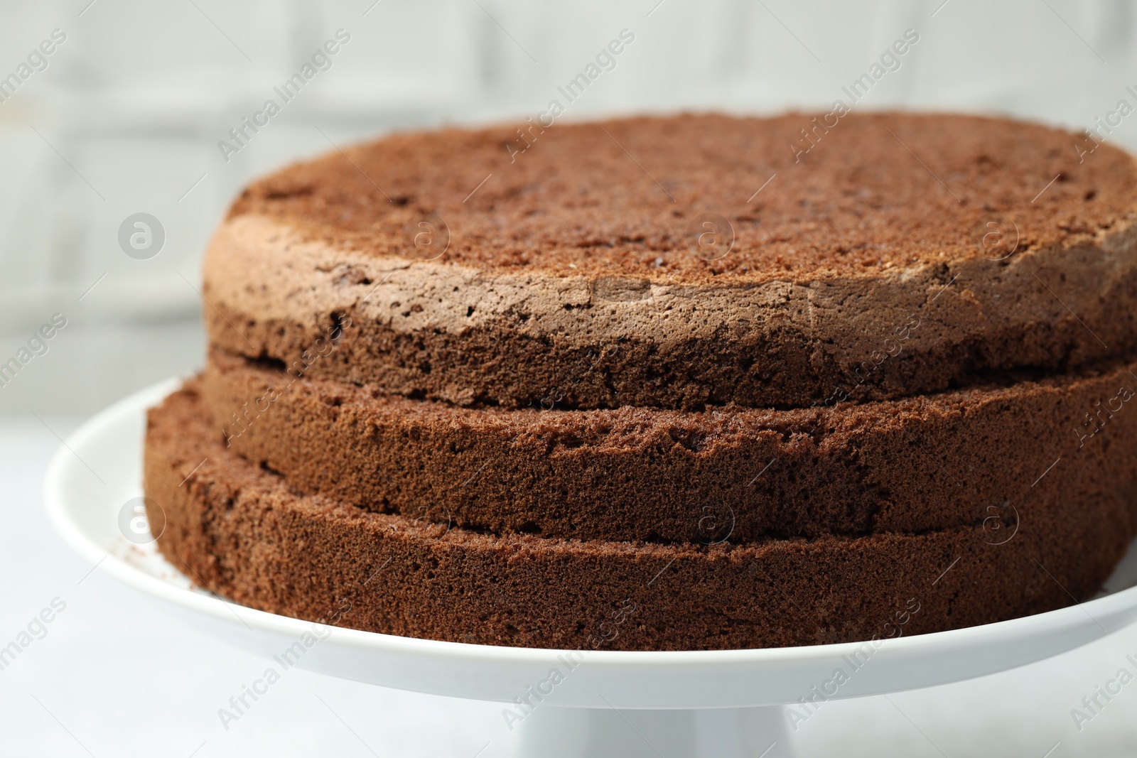 Photo of Cut chocolate sponge cake on stand against light background, closeup