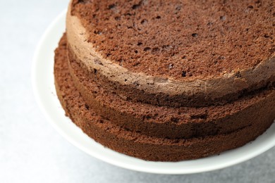 Photo of Cut chocolate sponge cake on light table, closeup