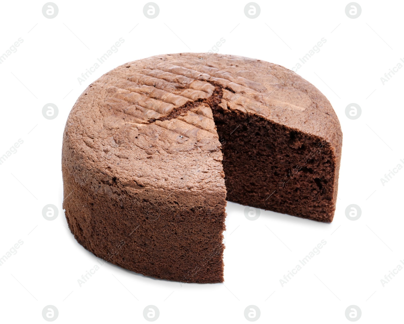 Photo of Cut chocolate sponge cake isolated on white