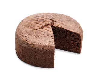 Photo of Cut chocolate sponge cake isolated on white