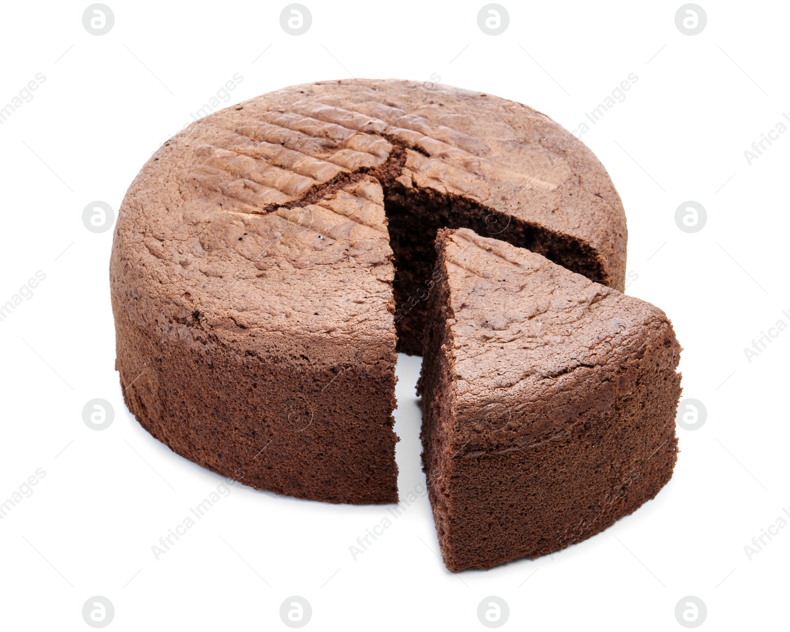 Photo of Cut chocolate sponge cake isolated on white