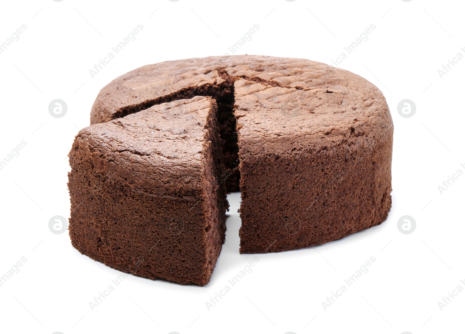 Photo of Cut chocolate sponge cake isolated on white