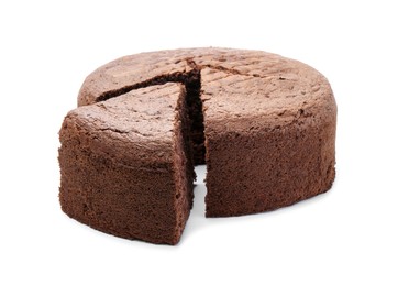 Photo of Cut chocolate sponge cake isolated on white