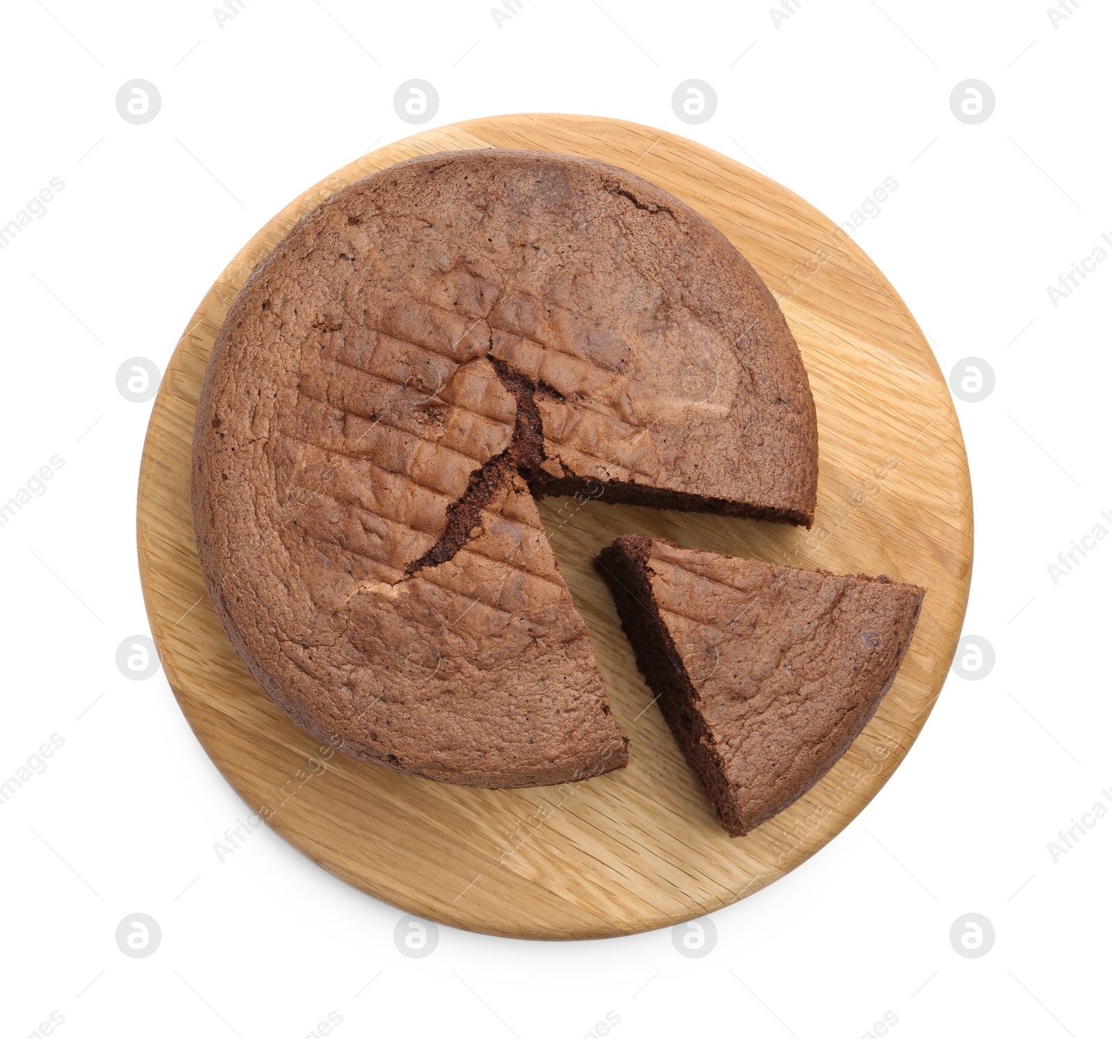 Photo of Cut chocolate sponge cake isolated on white, top view