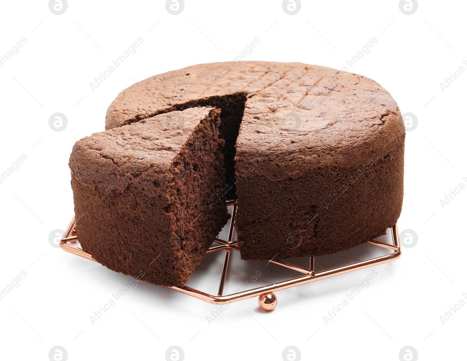 Photo of Cut chocolate sponge cake isolated on white