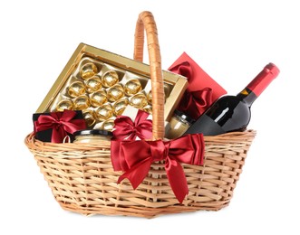 Wicker gift basket with wine isolated on white