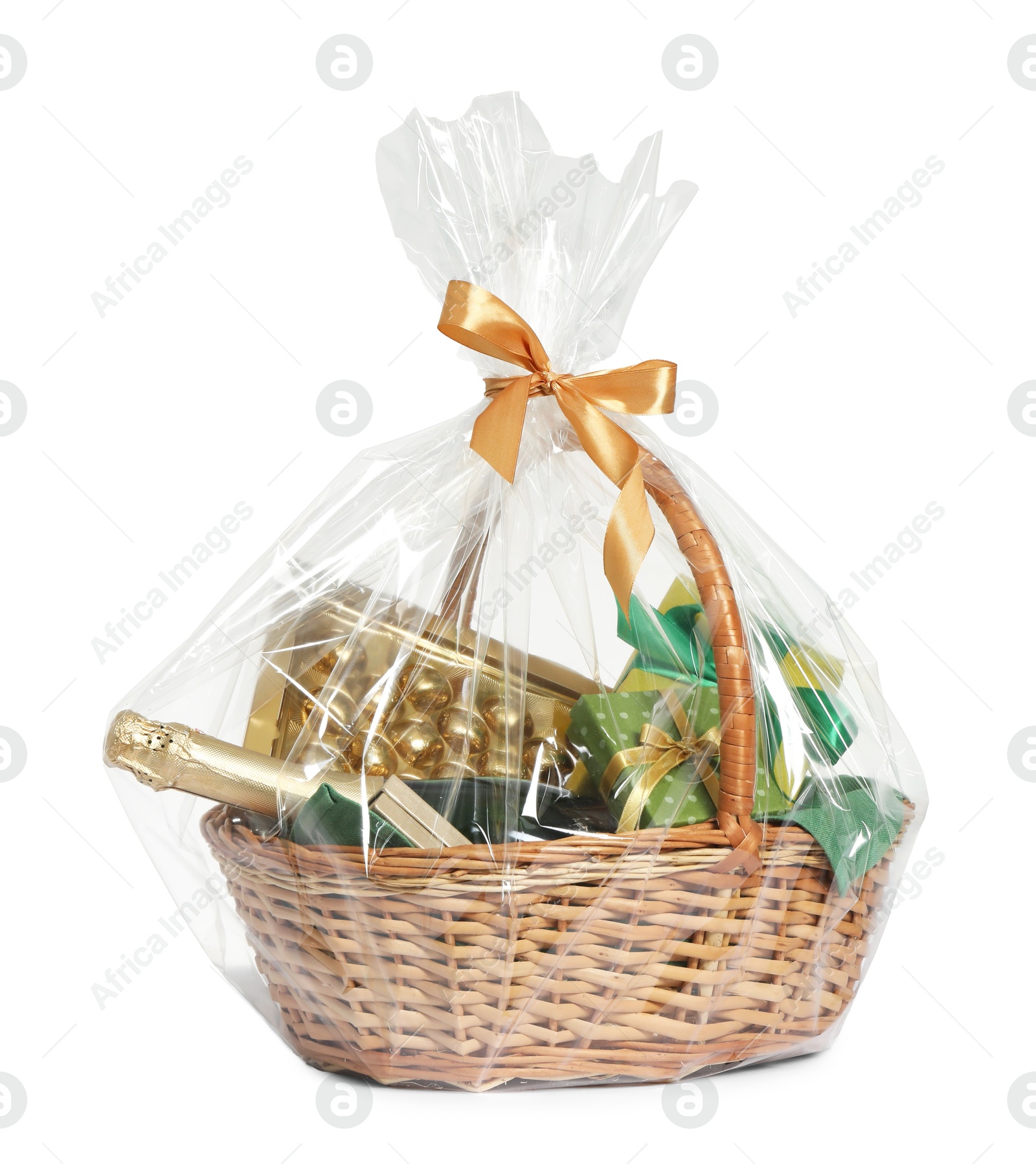 Photo of Wicker gift basket with sparkling wine isolated on white