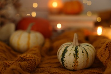 Photo of Pumpkin on soft sweater indoors, closeup. Autumn atmosphere