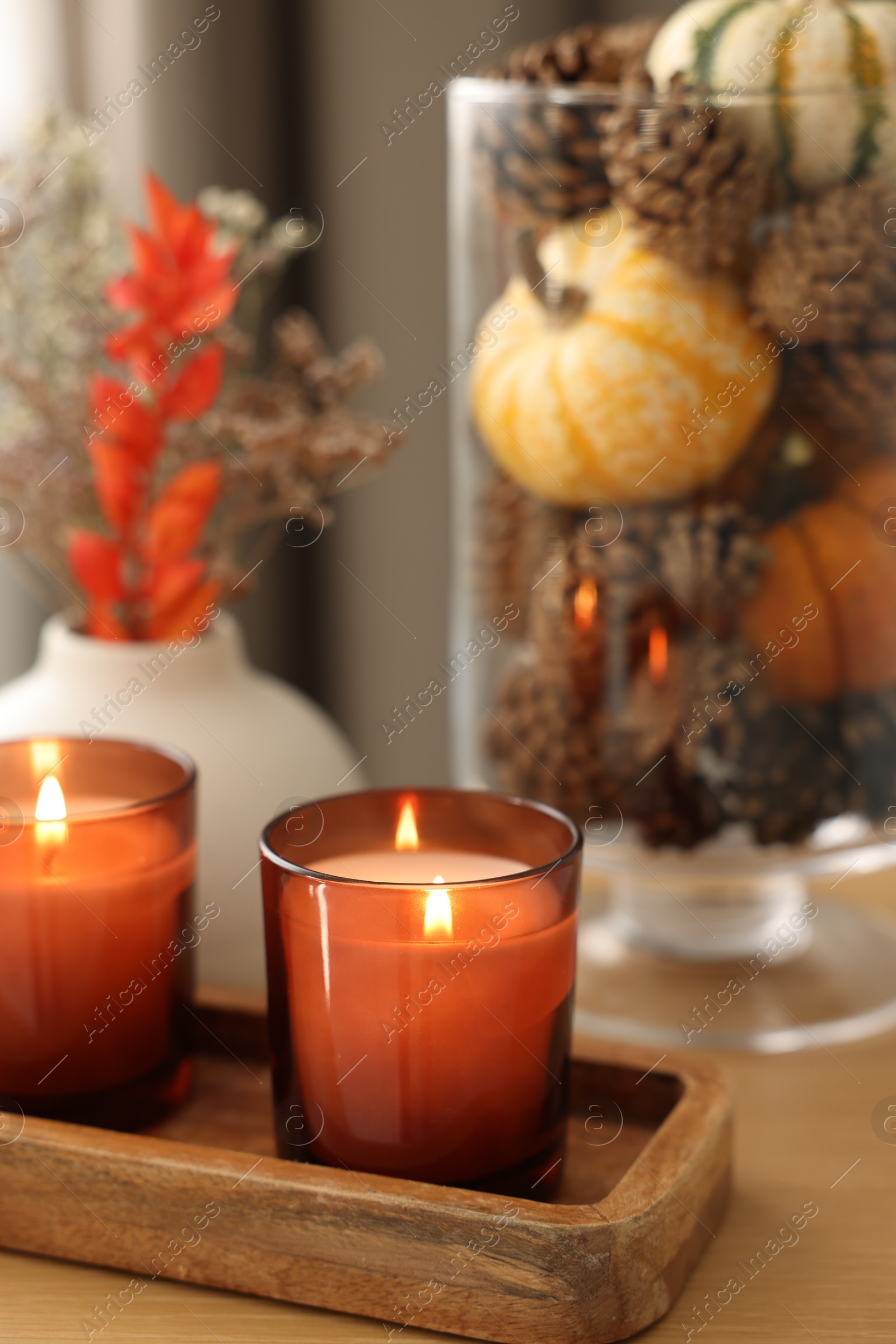 Photo of Burning candles and autumn decor on wooden table indoors, closeup