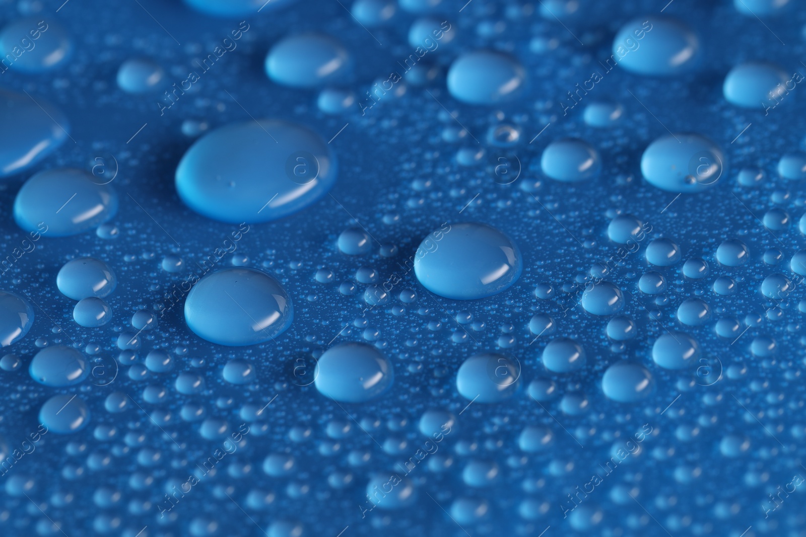 Photo of Water drops on blue background, above view