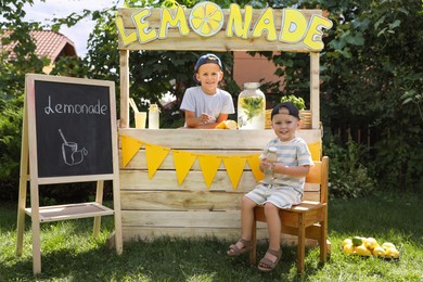 Photo of Cute boys near lemonade stand in park