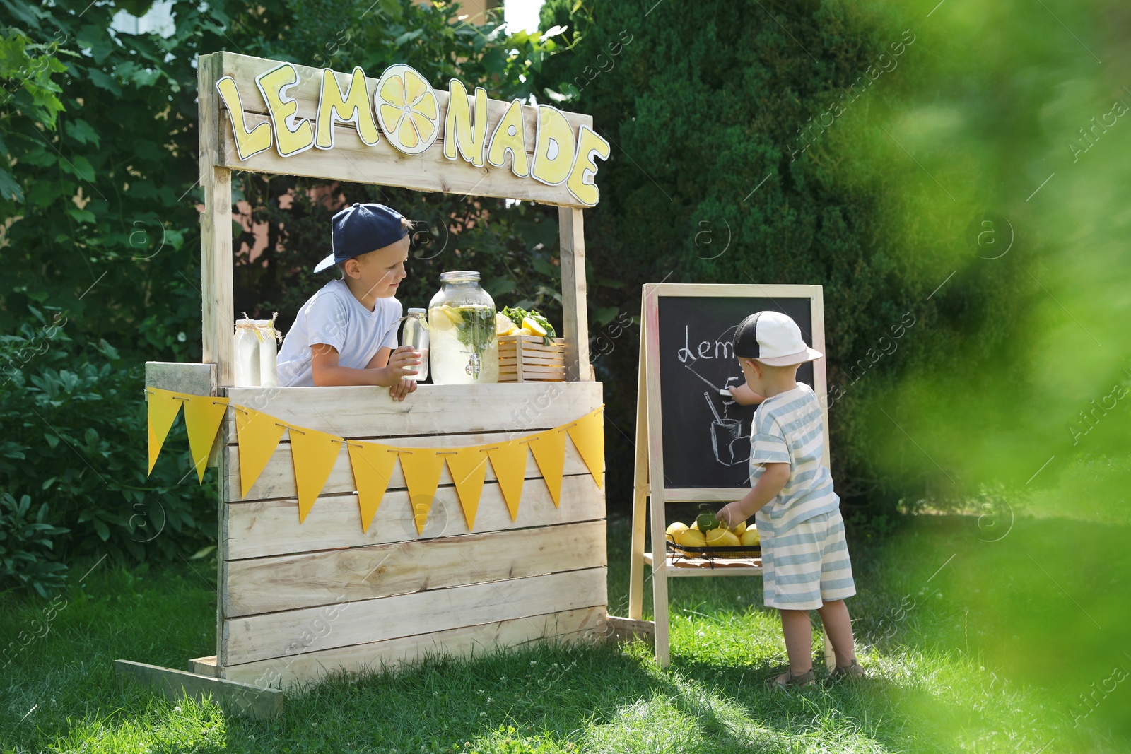 Photo of Cute little boys selling natural lemonade at stand in park