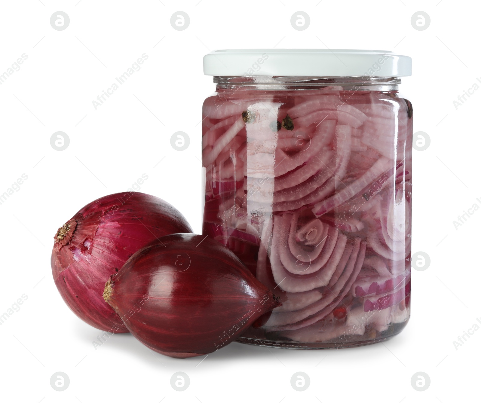 Photo of Tasty pickled onion in jar and fresh ingredients isolated on white