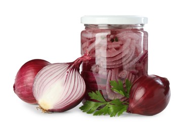 Photo of Tasty pickled onion in jar and fresh ingredients isolated on white