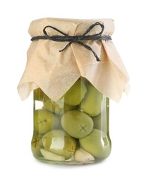 Photo of Tasty pickled olives in jar isolated on white