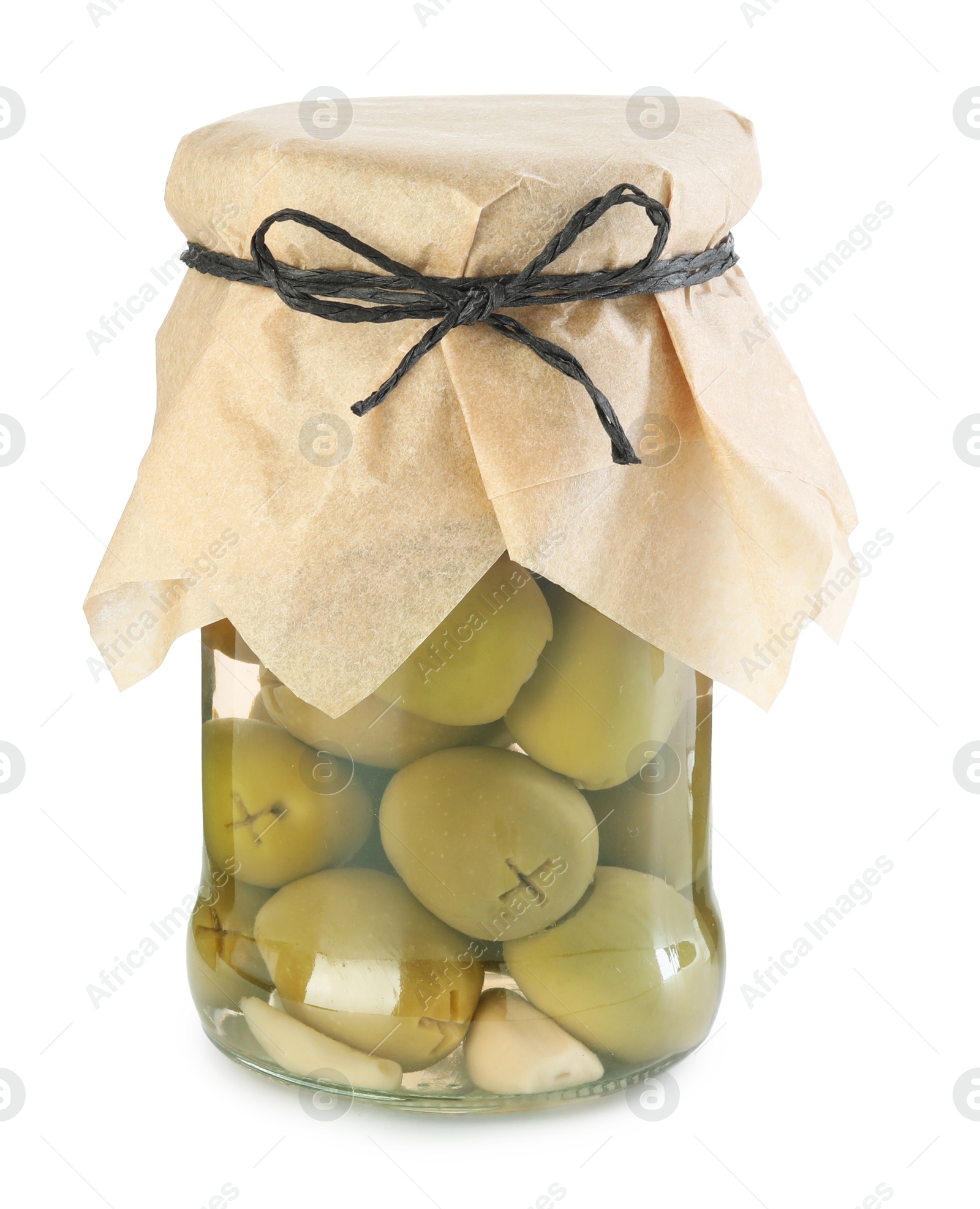 Photo of Tasty pickled olives in jar isolated on white