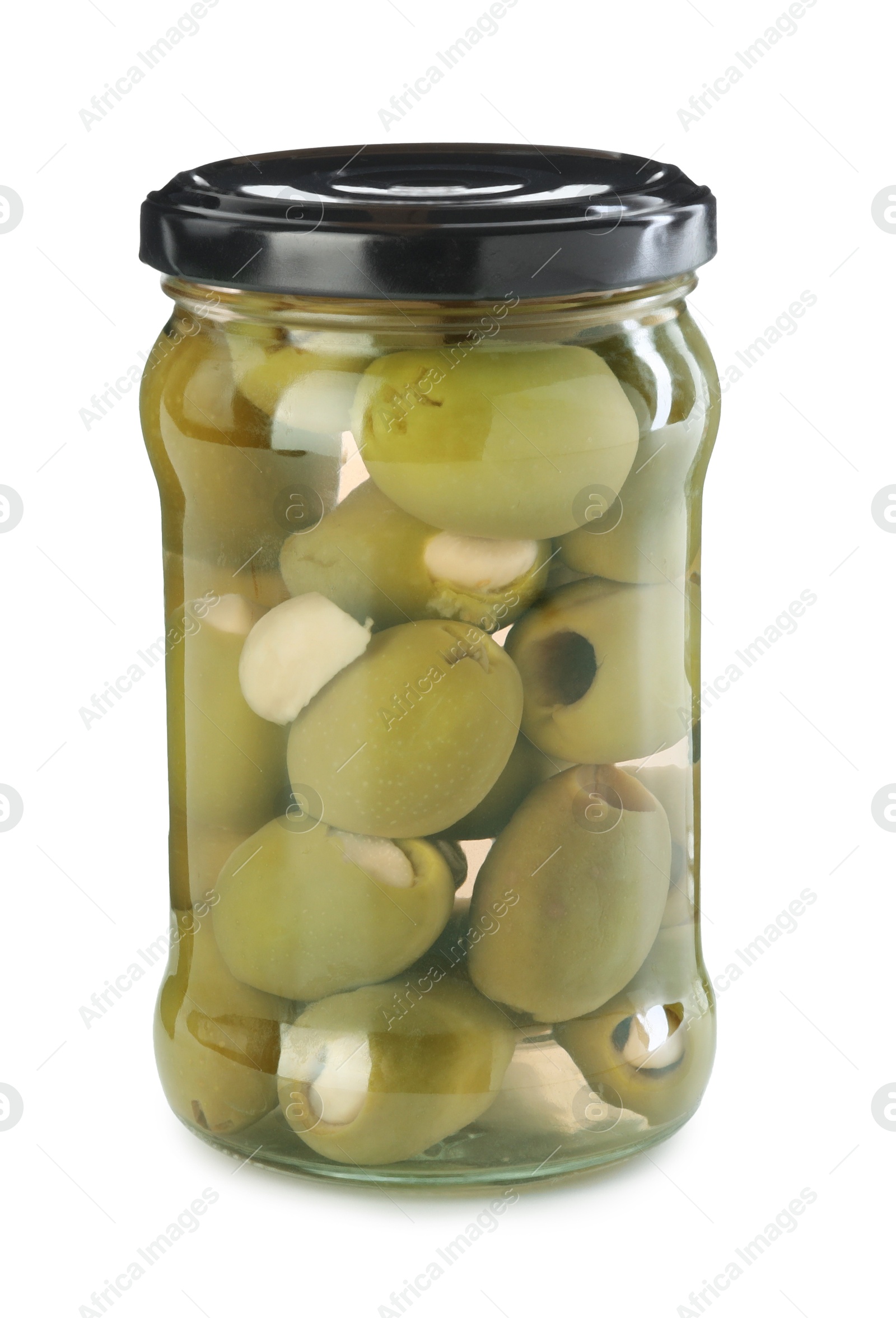 Photo of Tasty pickled olives in jar isolated on white