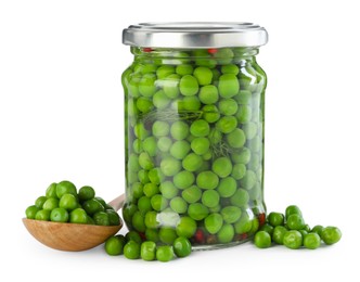 Photo of Tasty pickled peas in jar and fresh ingredients isolated on white