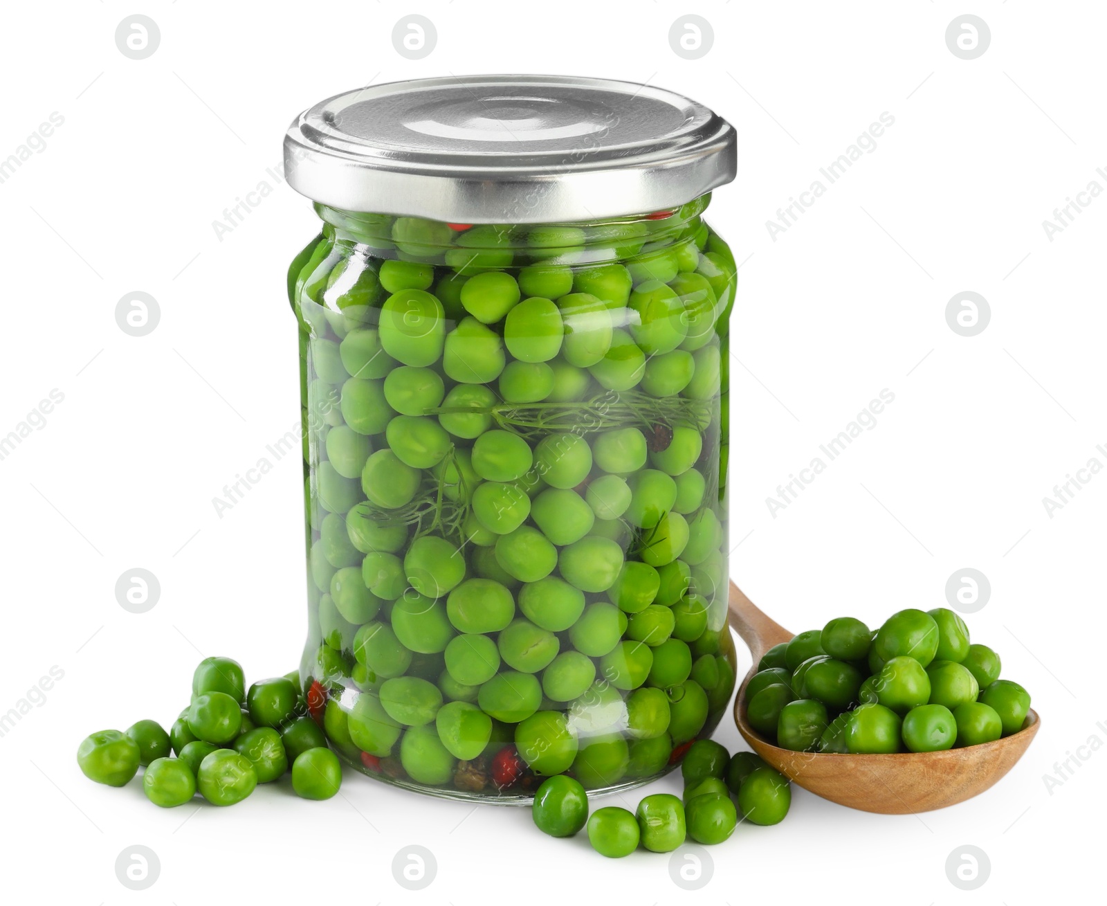 Photo of Tasty pickled peas in jar and fresh ingredients isolated on white