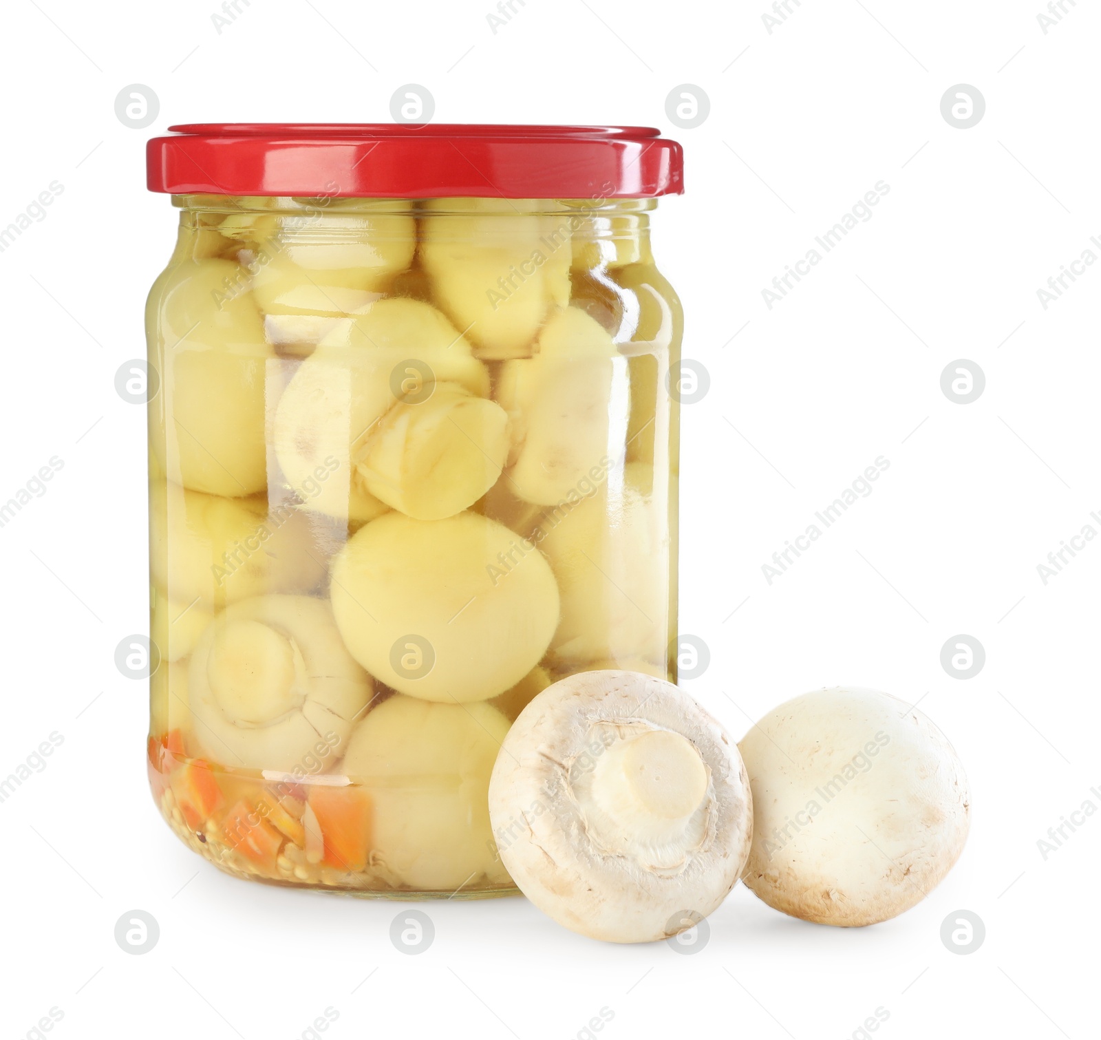 Photo of Tasty pickled mushrooms in jar and fresh ingredients isolated on white