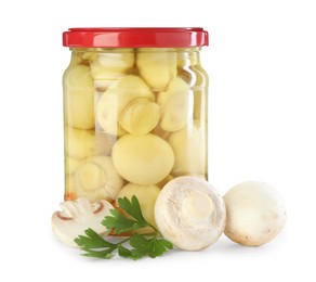 Photo of Tasty pickled mushrooms in jar and fresh ingredients isolated on white