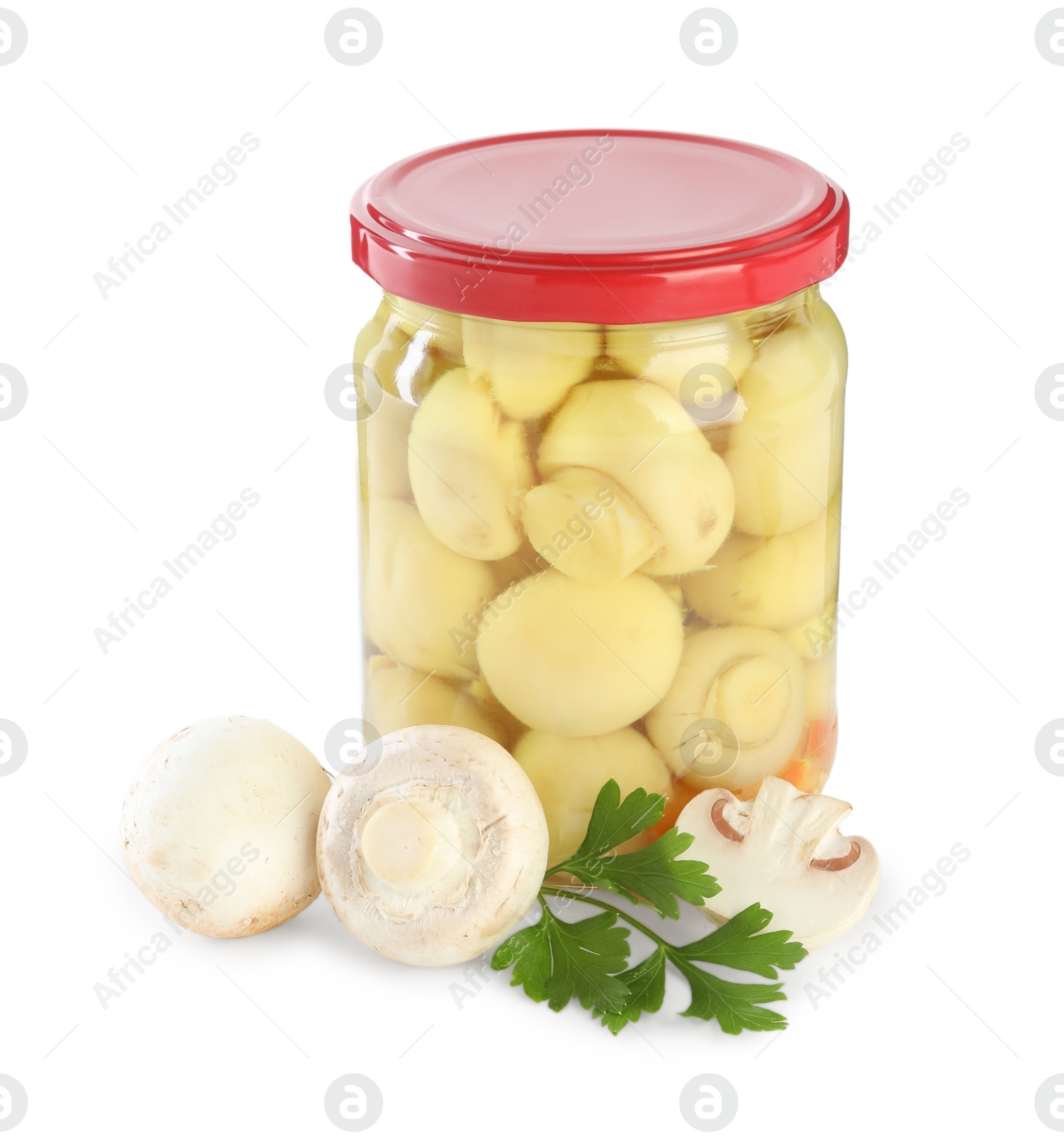 Photo of Tasty pickled mushrooms in jar and fresh ingredients isolated on white