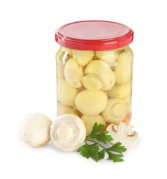 Photo of Tasty pickled mushrooms in jar and fresh ingredients isolated on white