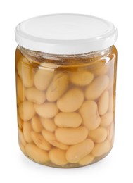 Photo of Tasty pickled beans in jar isolated on white