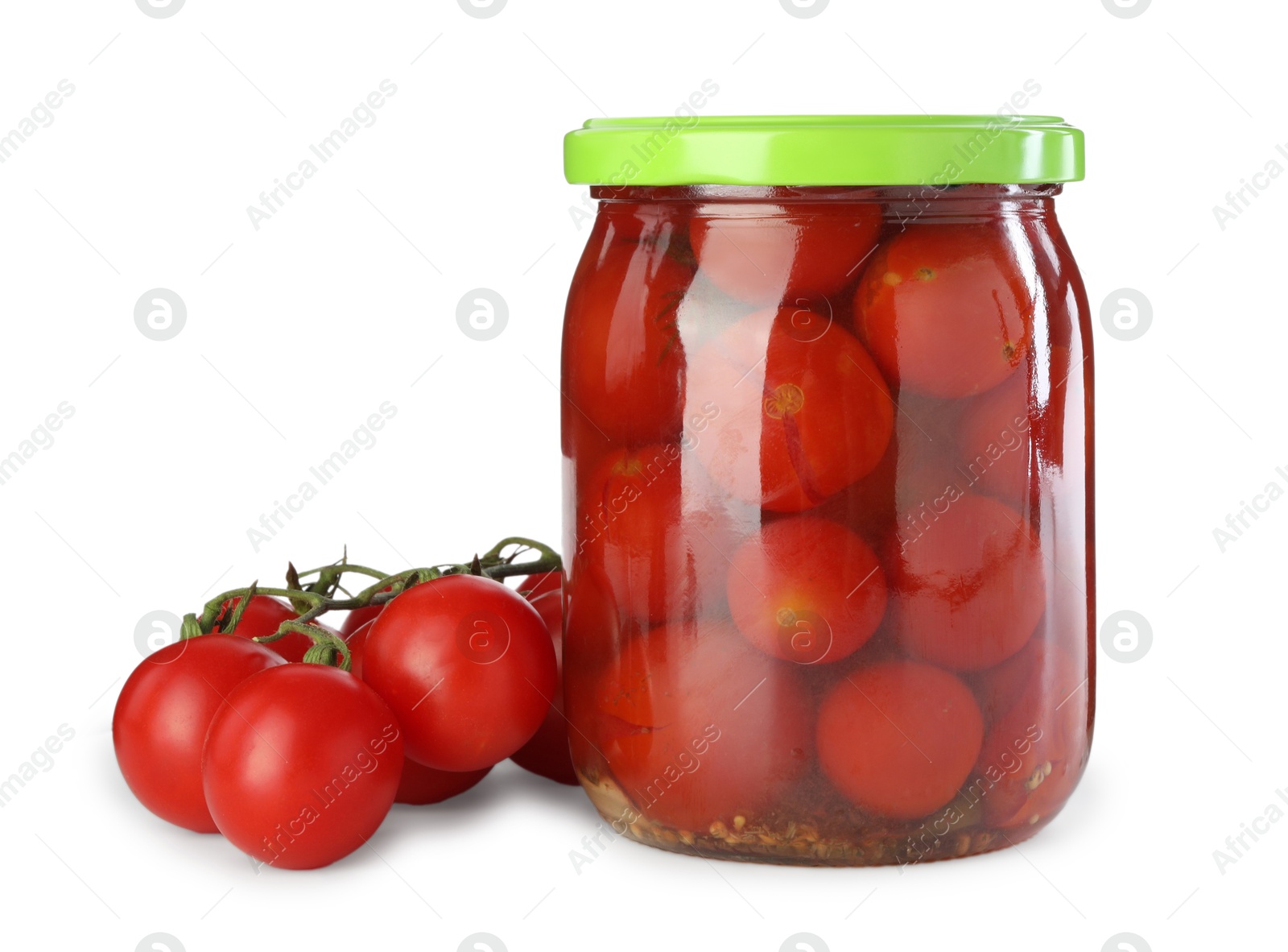 Photo of Tasty pickled tomatoes in jar and fresh ingredients isolated on white