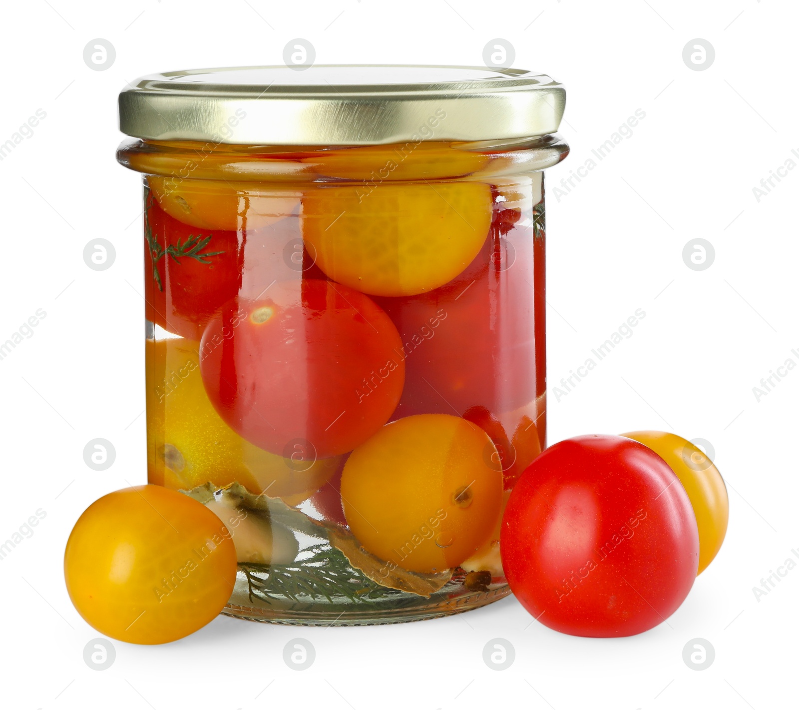 Photo of Tasty pickled tomatoes in jar and fresh vegetables isolated on white