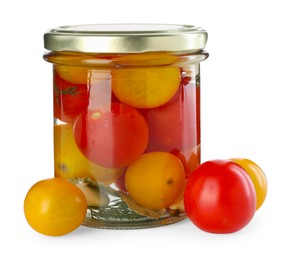 Photo of Tasty pickled tomatoes in jar and fresh vegetables isolated on white