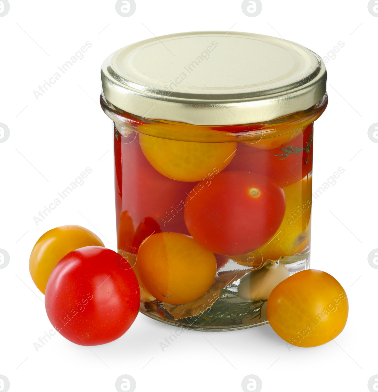 Photo of Tasty pickled tomatoes in jar and fresh vegetables isolated on white