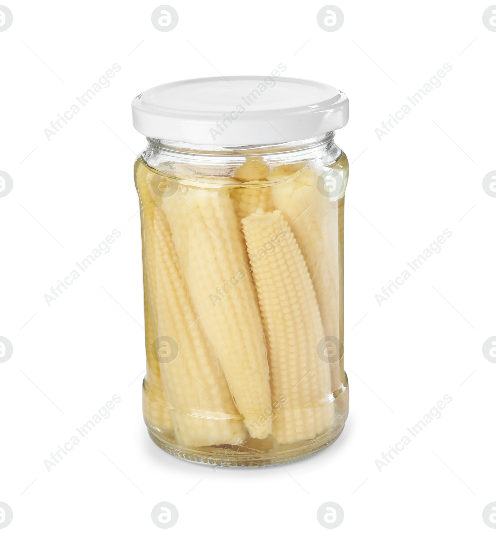 Photo of Tasty pickled yellow baby corns in jar isolated on white