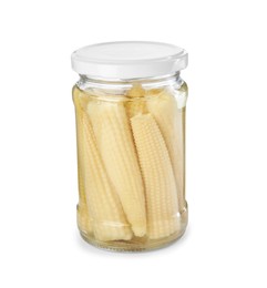 Photo of Tasty pickled yellow baby corns in jar isolated on white