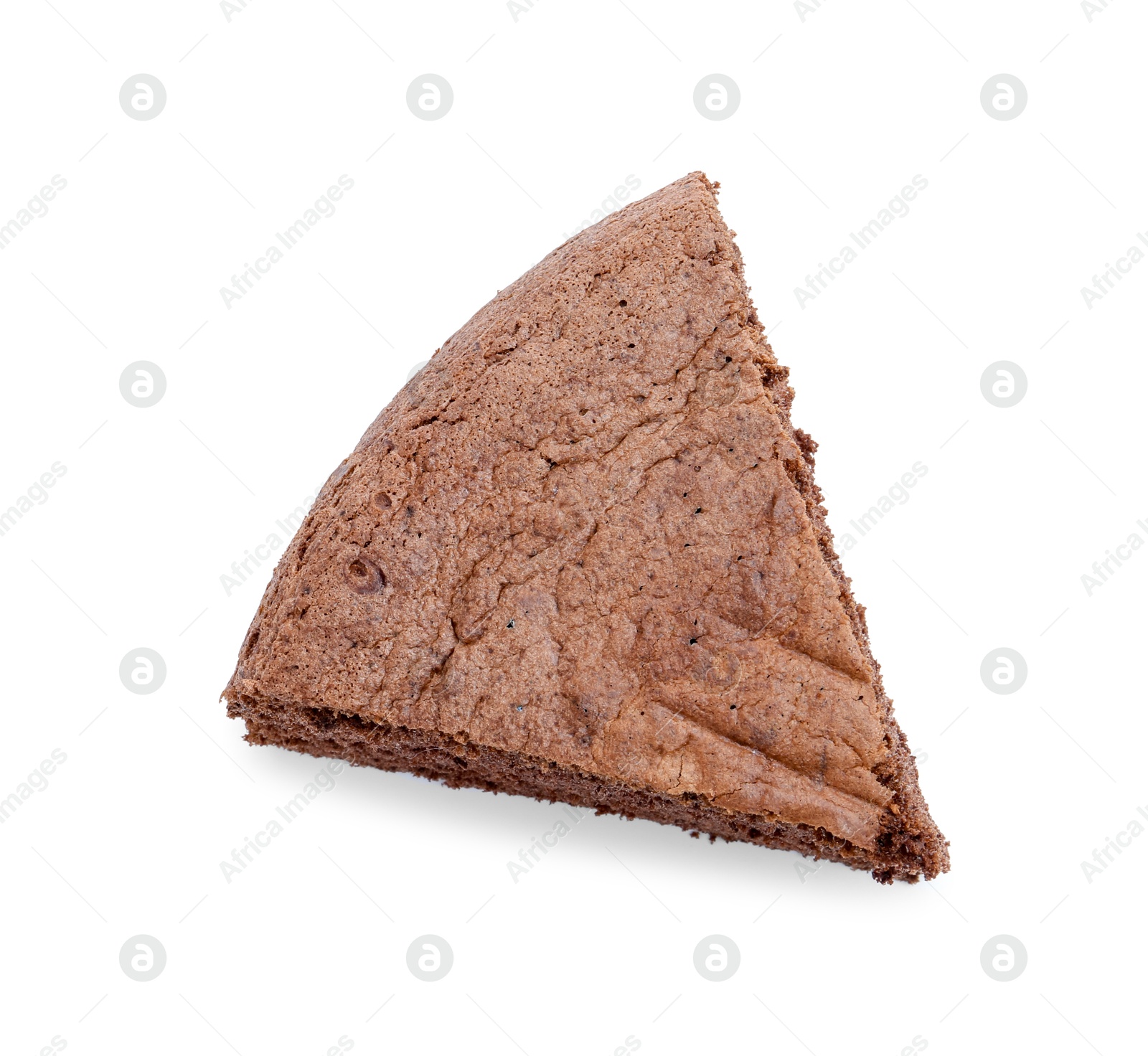 Photo of Piece of chocolate sponge cake isolated on white, top view