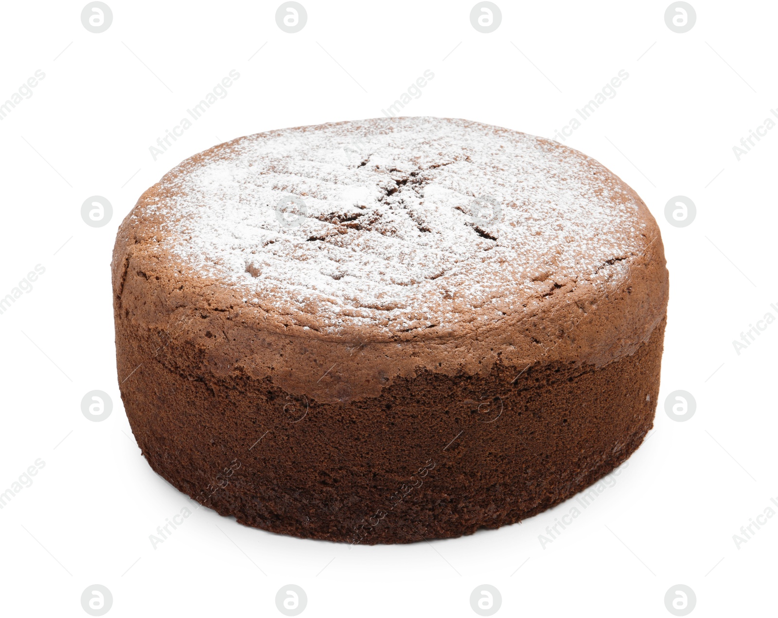 Photo of Tasty chocolate sponge cake with powdered sugar isolated on white