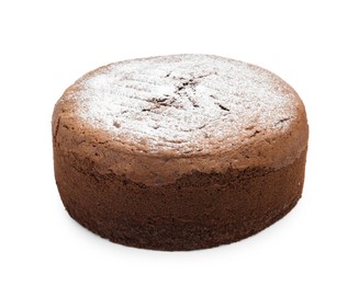 Photo of Tasty chocolate sponge cake with powdered sugar isolated on white