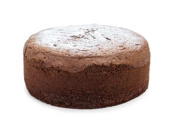 Photo of Tasty chocolate sponge cake with powdered sugar isolated on white