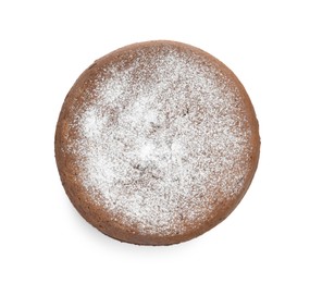 Photo of Tasty chocolate sponge cake with powdered sugar isolated on white, top view