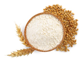 Photo of Bowl with organic flour, spikelets and grains of wheat on white background, top view