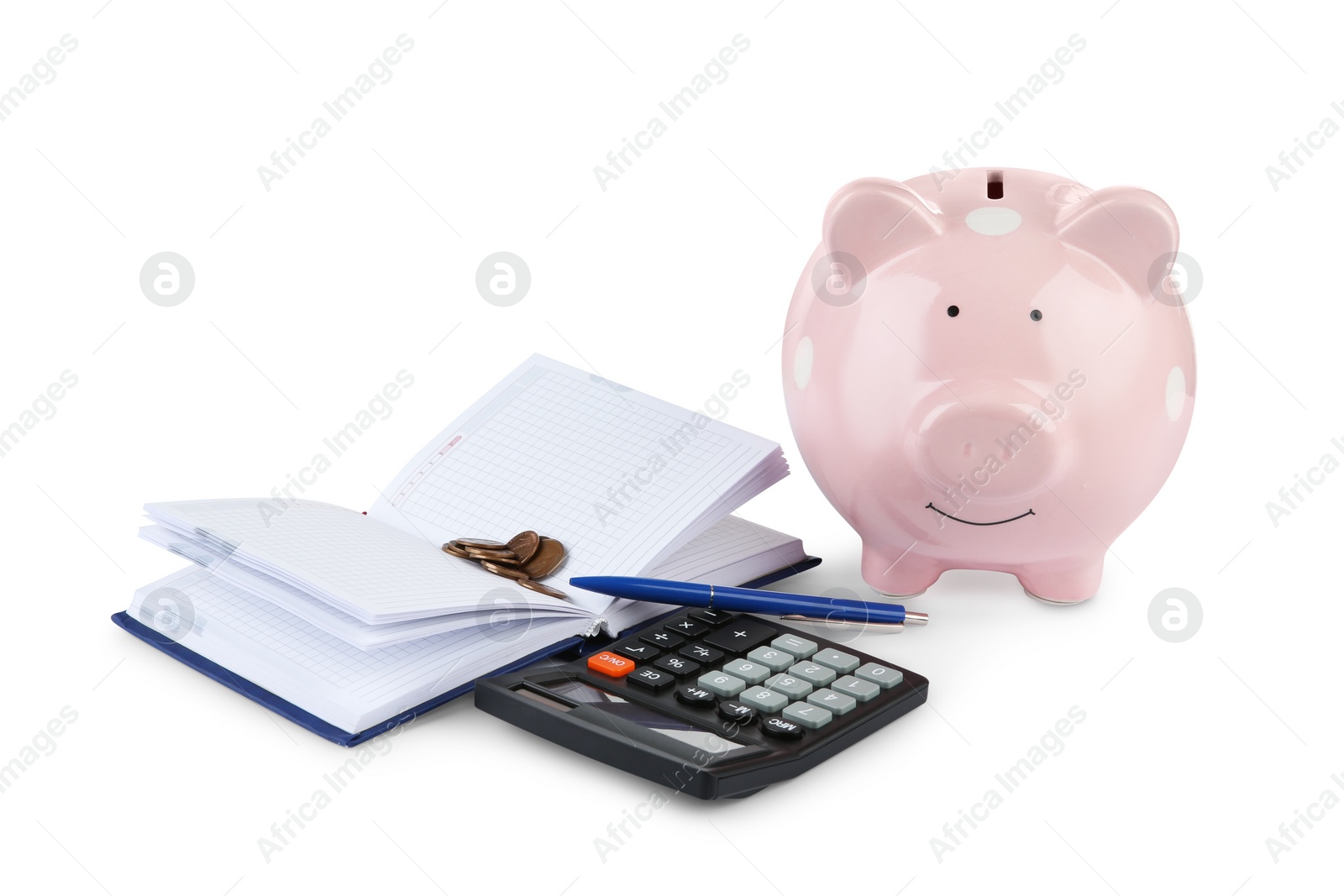 Photo of Calculator, pink piggy bank, notebook, coins and pen isolated on white