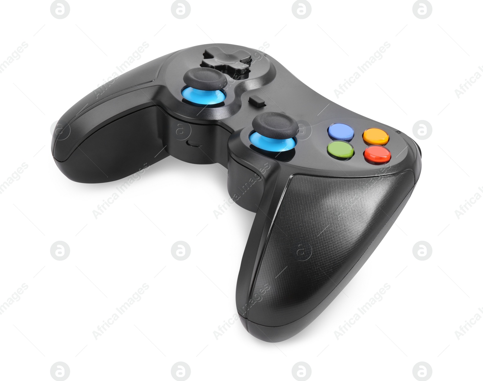 Photo of Black wireless controller on white background. Video game device