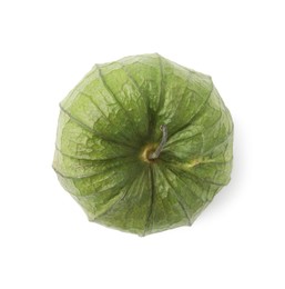 Fresh green tomatillo with husk isolated on white, top view