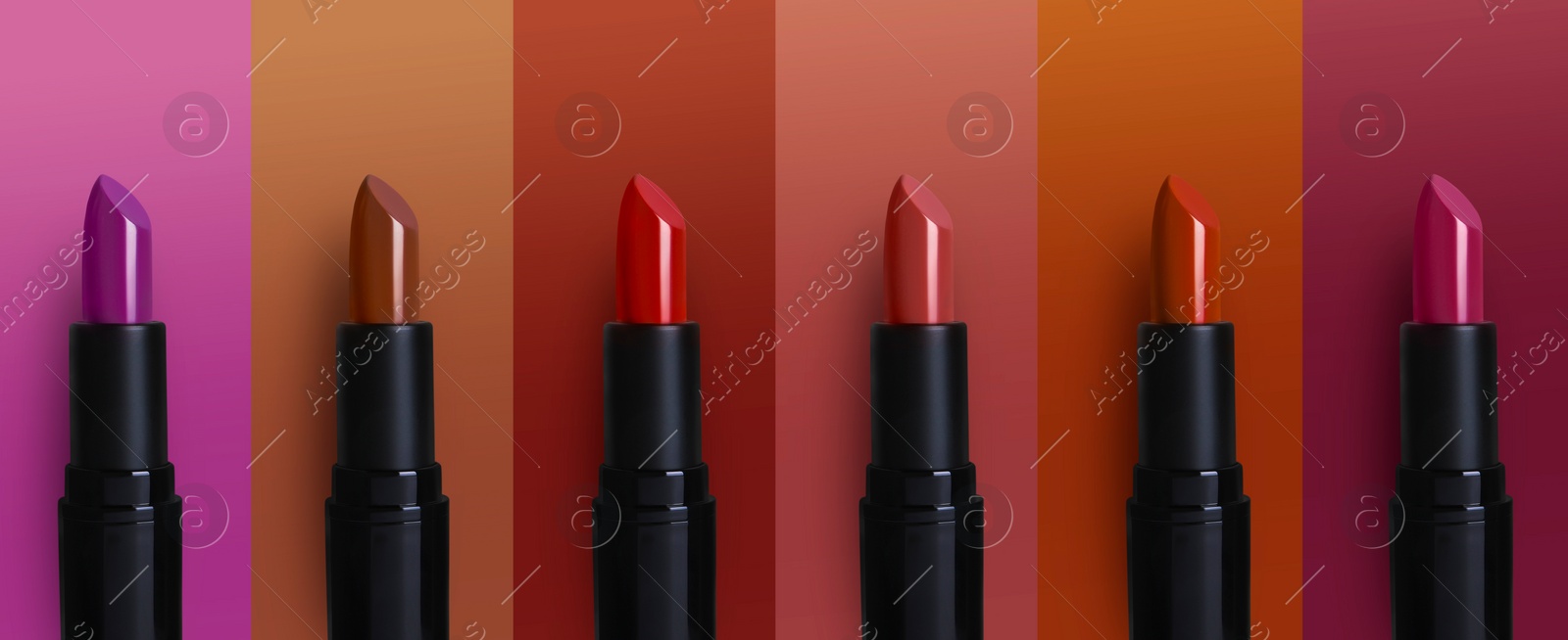 Image of Set with beautiful lipsticks on different color backgrounds. Banner design