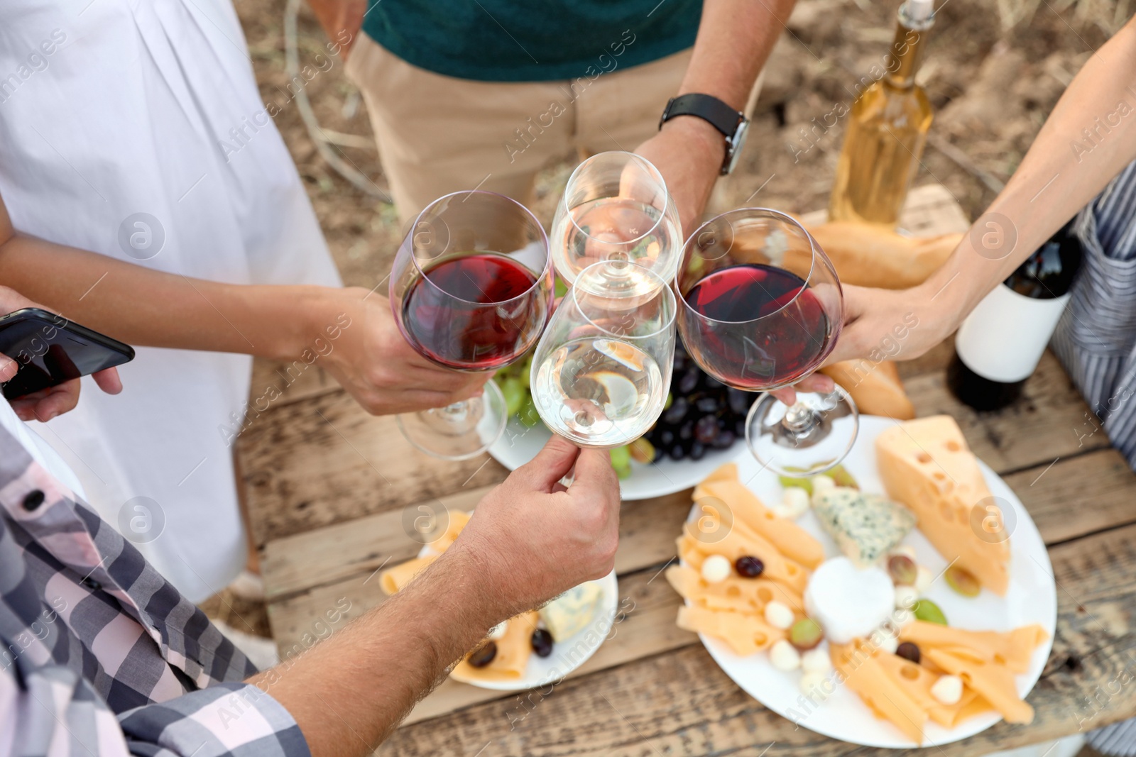 Photo of Friends holding glasses of wine over picnic table at vineyard